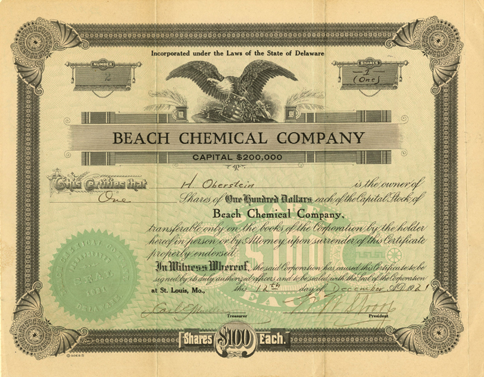 Beach Chemical Co. - Stock Certificate